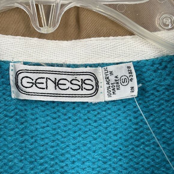 NWT VTG Genesis Small 80's Teal/Green/Blue LS Knit Sweater Tan Collar Deadstock - Picture 3 of 4